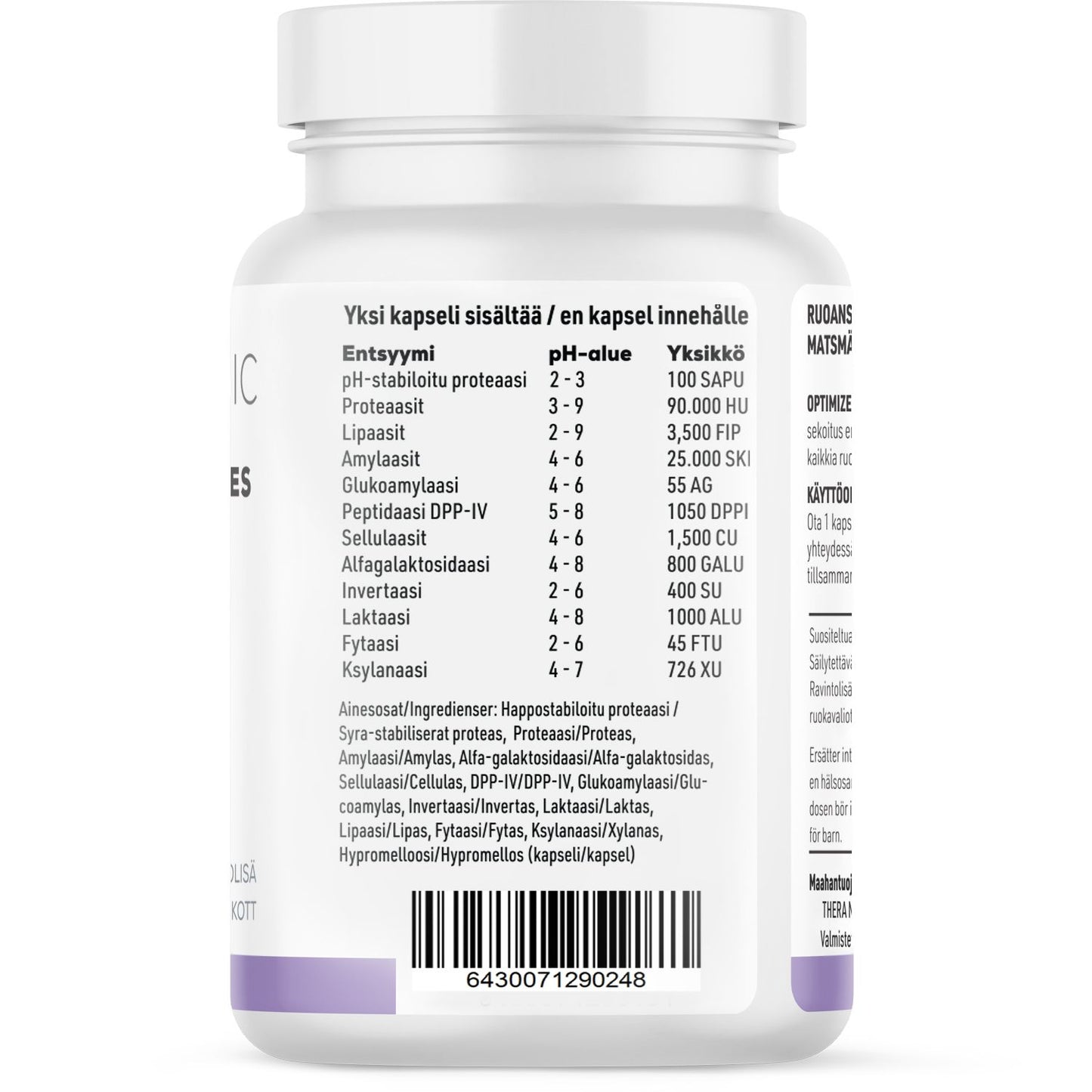 THERA Nordic Optimized Enzymes; valkoinen pullo, jonka suomenkielisessä etiketissä luetellaan entsyymit ja niiden määrät kapselia kohden, ainesosat sekä viivakoodi alareunassa; etiketissä korostuvat entsyymien nimet mustalla ja violetilla tekstillä valkoisella pohjalla; pullo on sylinterinmuotoinen, muovinen, mattapintainen ja kierrekorkillinen; kuvattu vaaleaa tasaista taustaa vasten, ei ihmisiä tai käsiä näkyvissä.