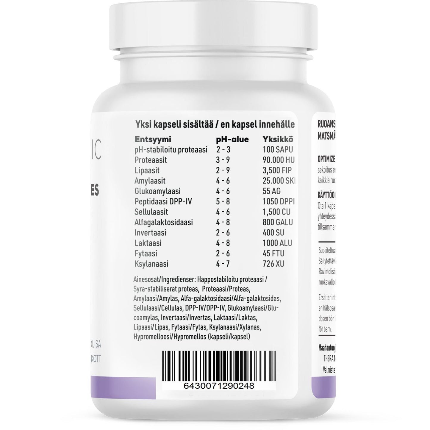 THERA Nordic Optimized Enzymes; valkoinen pullo, jonka suomenkielisessä etiketissä luetellaan entsyymit ja niiden määrät kapselia kohden, ainesosat sekä viivakoodi alareunassa; etiketissä korostuvat entsyymien nimet mustalla ja violetilla tekstillä valkoisella pohjalla; pullo on sylinterinmuotoinen, muovinen, mattapintainen ja kierrekorkillinen; kuvattu vaaleaa tasaista taustaa vasten, ei ihmisiä tai käsiä näkyvissä.