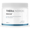 THERA Nordic Rezcue; valkoinen purkki, jossa lukee "THERA NORDIC REZCUE", sinisiä yksityiskohtia; alla lukee "Sinkki, Karnosini ja Glutamiini Juomajauhe"; purkki sisältää 120 g glutamiinijauhetta; sylinterinmuotoinen muovipurkki mattapinnalla ja kierrekannella; etiketissä yksinkertainen groteskikirjasin; tuote on kuvattu valkoista taustaa vasten.