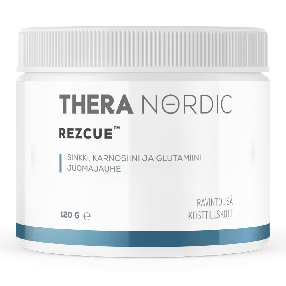 THERA Nordic Rezcue; valkoinen purkki, jossa lukee "THERA NORDIC REZCUE", sinisiä yksityiskohtia; alla lukee "Sinkki, Karnosini ja Glutamiini Juomajauhe"; purkki sisältää 120 g glutamiinijauhetta; sylinterinmuotoinen muovipurkki mattapinnalla ja kierrekannella; etiketissä yksinkertainen groteskikirjasin; tuote on kuvattu valkoista taustaa vasten.
