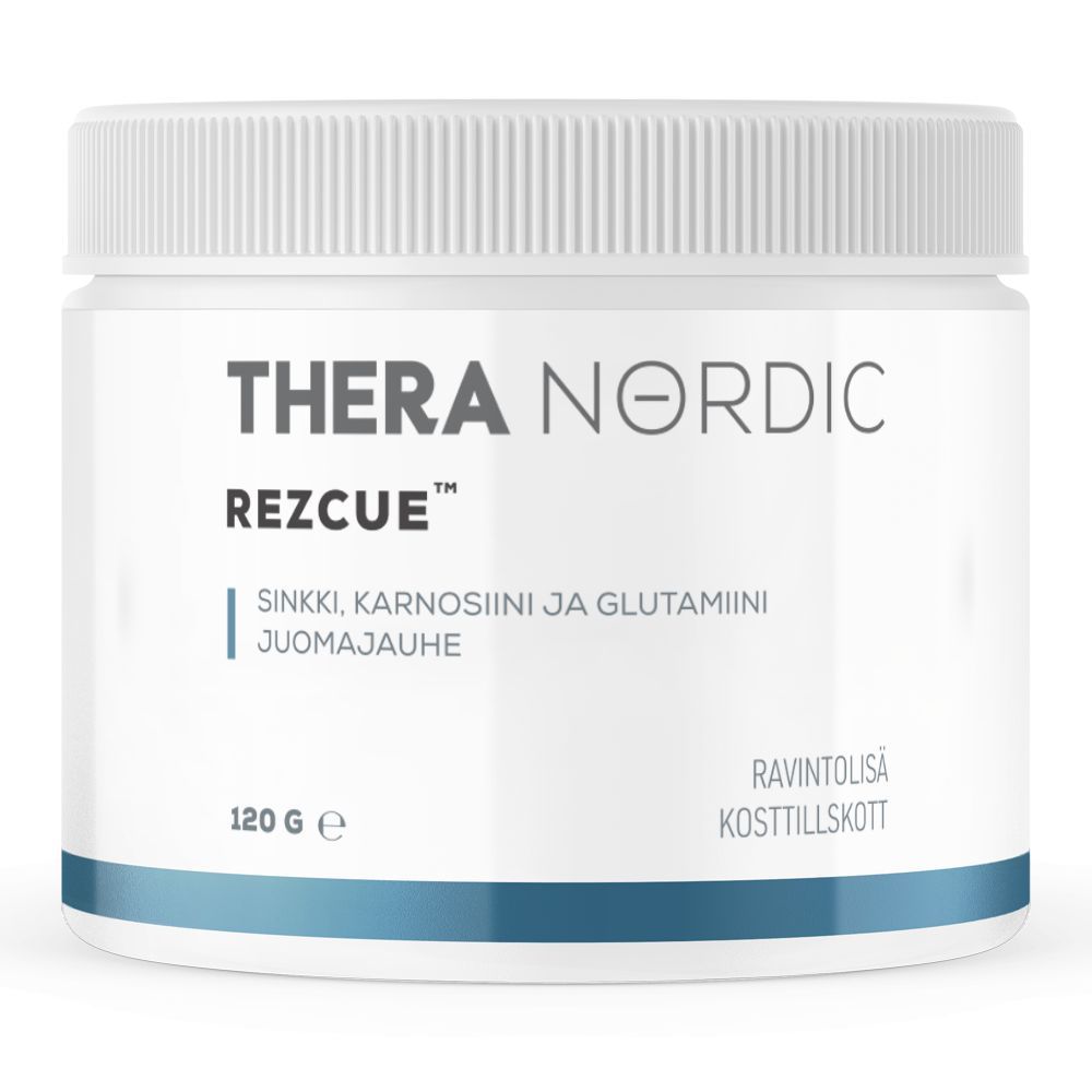 THERA Nordic Rezcue; valkoinen purkki, jossa lukee "THERA NORDIC REZCUE", sinisiä yksityiskohtia; alla lukee "Sinkki, Karnosini ja Glutamiini Juomajauhe"; purkki sisältää 120 g glutamiinijauhetta; sylinterinmuotoinen muovipurkki mattapinnalla ja kierrekannella; etiketissä yksinkertainen groteskikirjasin; tuote on kuvattu valkoista taustaa vasten.