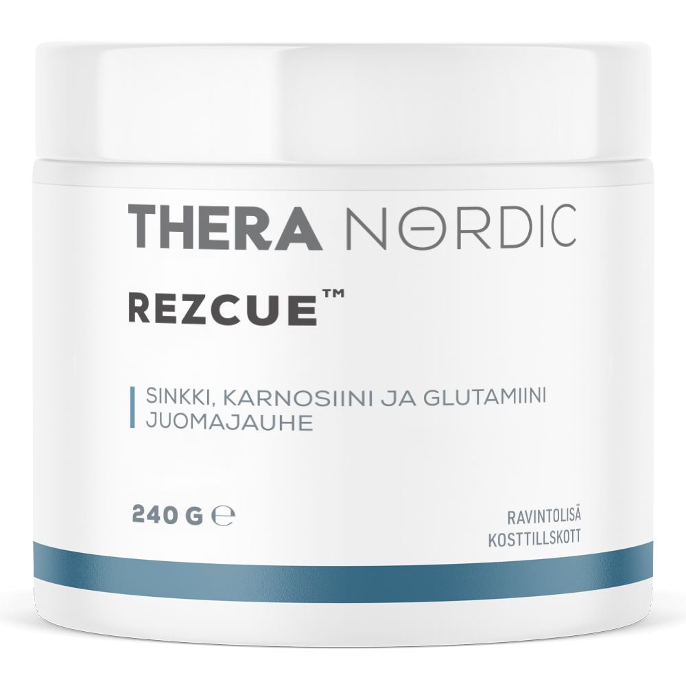 THERA Nordic Rezcue; valkoinen sylinterinmuotoinen muovipurkki kierrekannella, mattapinta, etiketissä lukee lihavalla groteskilla "THERA NORDIC REZCUE"; suomenkielinen teksti listaa ainesosina muun muassa sinkkiä ja karnosiinia; etiketti kertoo nettopainon 240 grammaa ja mainitsee tuotteen glutamiinijuomajauheeksi; tausta on yksivärinen valkoinen, kuvassa näkyy vain tuote.