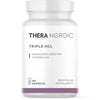 THERA Nordic Triple HCL Suolahappo; valkoinen muovipullo, jossa lukee "THERA NORDIC TRIPLE HCL", suomenkielisiä yksityiskohtia, sisältää 60 kapselia; sylinterinmuotoinen pullo on mattapintainen valkoisella kierrekorkilla; etiketti on pelkistetty, siinä selkeä groteskityypografia violetein ja harmain yksityiskohdin; ei ihmisiä tai rekvisiittaa näkyvissä, tausta yksivärinen.