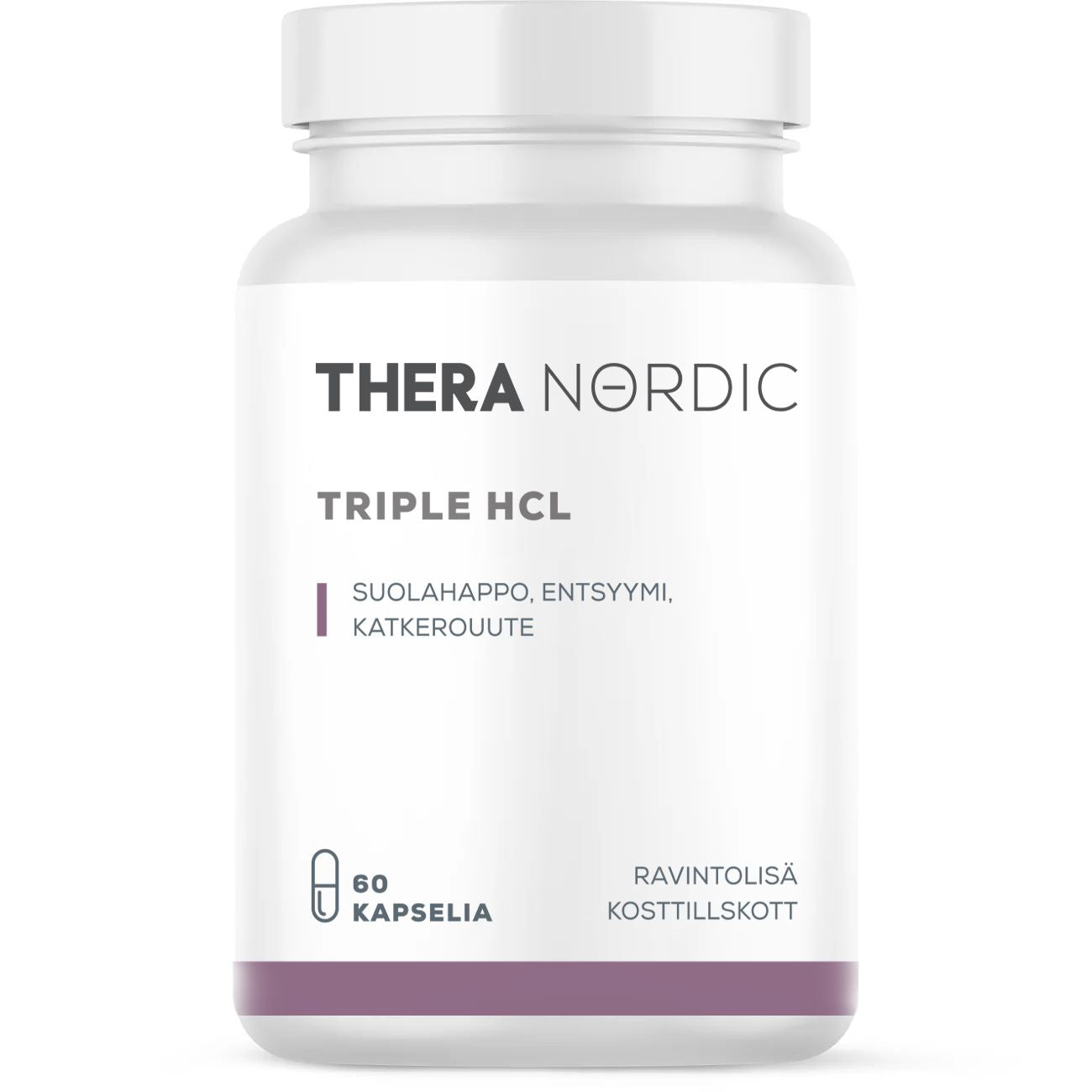 THERA Nordic Triple HCL Suolahappo; valkoinen muovipullo, jossa lukee "THERA NORDIC TRIPLE HCL", suomenkielisiä yksityiskohtia, sisältää 60 kapselia; sylinterinmuotoinen pullo on mattapintainen valkoisella kierrekorkilla; etiketti on pelkistetty, siinä selkeä groteskityypografia violetein ja harmain yksityiskohdin; ei ihmisiä tai rekvisiittaa näkyvissä, tausta yksivärinen.
