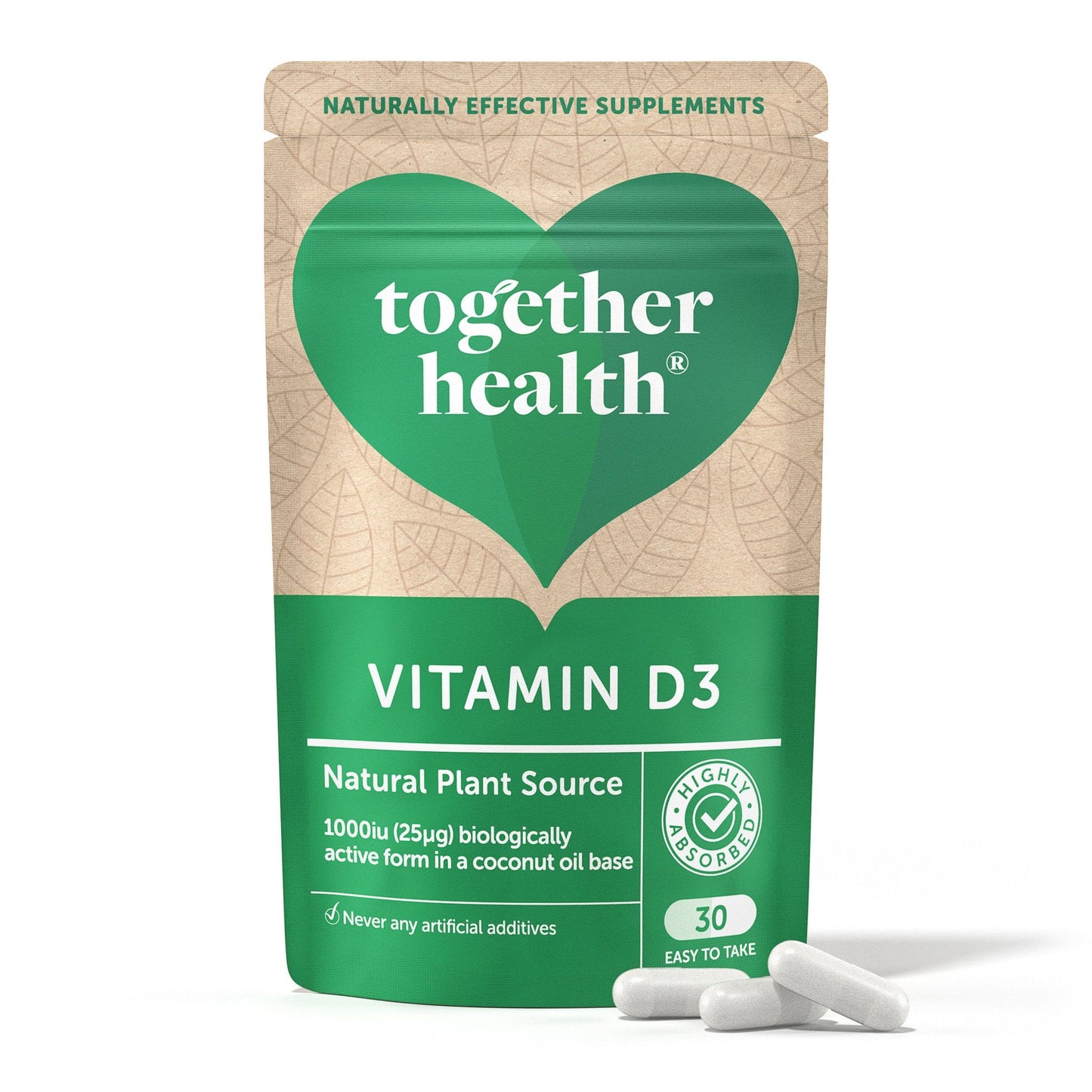 A matte green and beige flexible pouch with the label “together health VITAMIN D3” and text about natural plant sources and 30 capsules. Two solid white, oblong capsules rest upright in front of the pouch. Label features a mix of lowercase sans-serif and serif fonts. Plain, light background; no people or props visible. A green and beige pouch labeled together health VITAMIN D3 highlights natural plant sources and contains 30 capsules. Two white capsules are placed in front of the pouch.