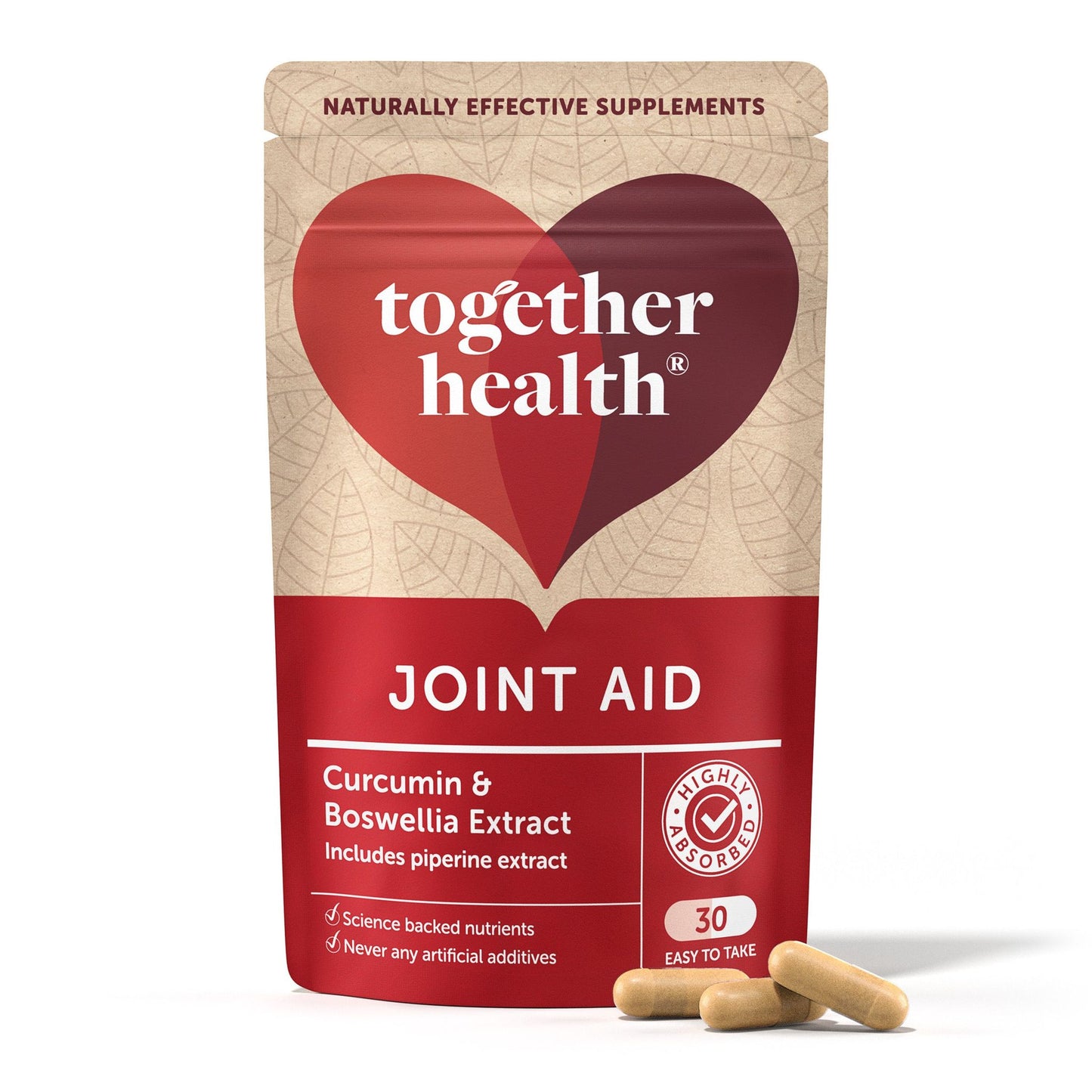 A red and beige box package labeled Together Health Joint Aid features curcumin and boswellia extract. The surface of the package is matte with rounded edges. Sans-serif white and gold text appears on the front. Two opaque beige capsules rest directly in front of the box on a plain white background. No people or hands are visible in the image.