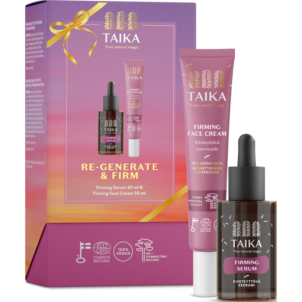 Taika Vahvistava Kasvojenhoito Lahjapakkaus: violetti Re-Generate & Firm -rasia, Firming Serum -pipettipullo ja kasvovoide