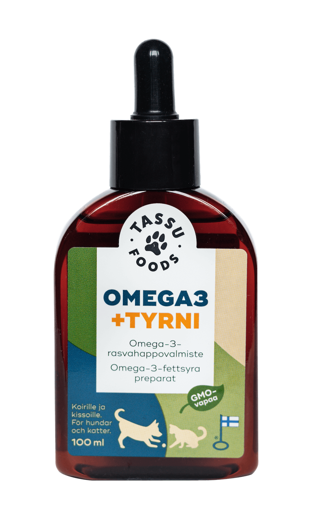 Pullo, jossa lukee Omega 3 + Tyrni Tassu Foodsilta, tippakorkilla, kuvakkeina koira ja kissa sekä tekstiä suomeksi ja ruotsiksi; tumma lasipullo sisältää 100 ml; etusivun etiketissä yksinkertaista groteskikirjasinta; tuotetiedot painettu valkoiseen etikettiin yhdessä lemmikkikäyttöön viittaavien kuvakkeiden kanssa; ei ihmisiä tai ympäristöä kuvassa. 100 ml:n GMO-vapaa pullo sisältää arvokasta tyrniöljyä lemmikeille.