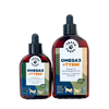 Kaksi Tassu Foods Omega3 + Tyrni -pulloa lemmikeille, toinen 100 ml ja toinen 200 ml, pumppukorkilla ja sinisin, vihrein ja oranssein etiketein, joissa eläinsiluetteja ja Suomen lippuja; pullot muovia mattapinnalla; etiketissä tuotetiedot selkeällä groteskikirjasimella; tausta valkoinen, ei ihmisiä tai muita esineitä näkyvissä. Tuote on suunniteltu tukemaan lemmikin terveyttä tärkeillä Omega-3-rasvahapoilla.