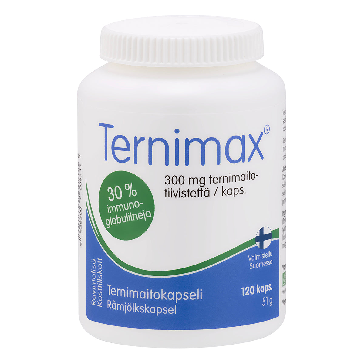 Ternimax; valkoinen pullo tekstillä Ternimax vihrein ja sinisin aksentein, sisältää 120 ternimaitokapselia (kolostrumia); muovipullo mattapinnalla, lieriömäinen muoto valkoisella kierrekannella; etikettitekstissä groteskitypografia; tausta yksinkertainen ja siisti, tyypillinen tuotestudiokuva; ei ihmisiä tai käsiä.