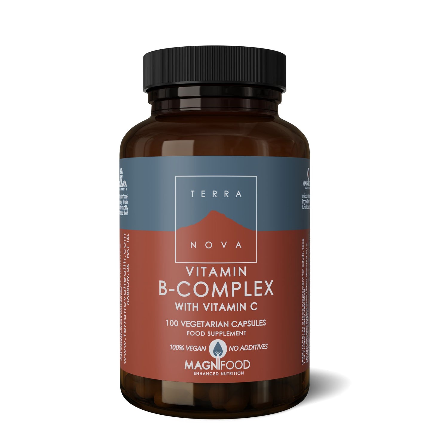 Terranova B-Complex + Vitamin C -pullo, 100 kasvikapselia; ruskea sylinterinmuotoinen pullo, mattapintainen etiketti isolla valkoisella tekstillä brändille ja tuotenimelle, pienempää tekstiä sisällöstä ja ravintosisältötaulukosta