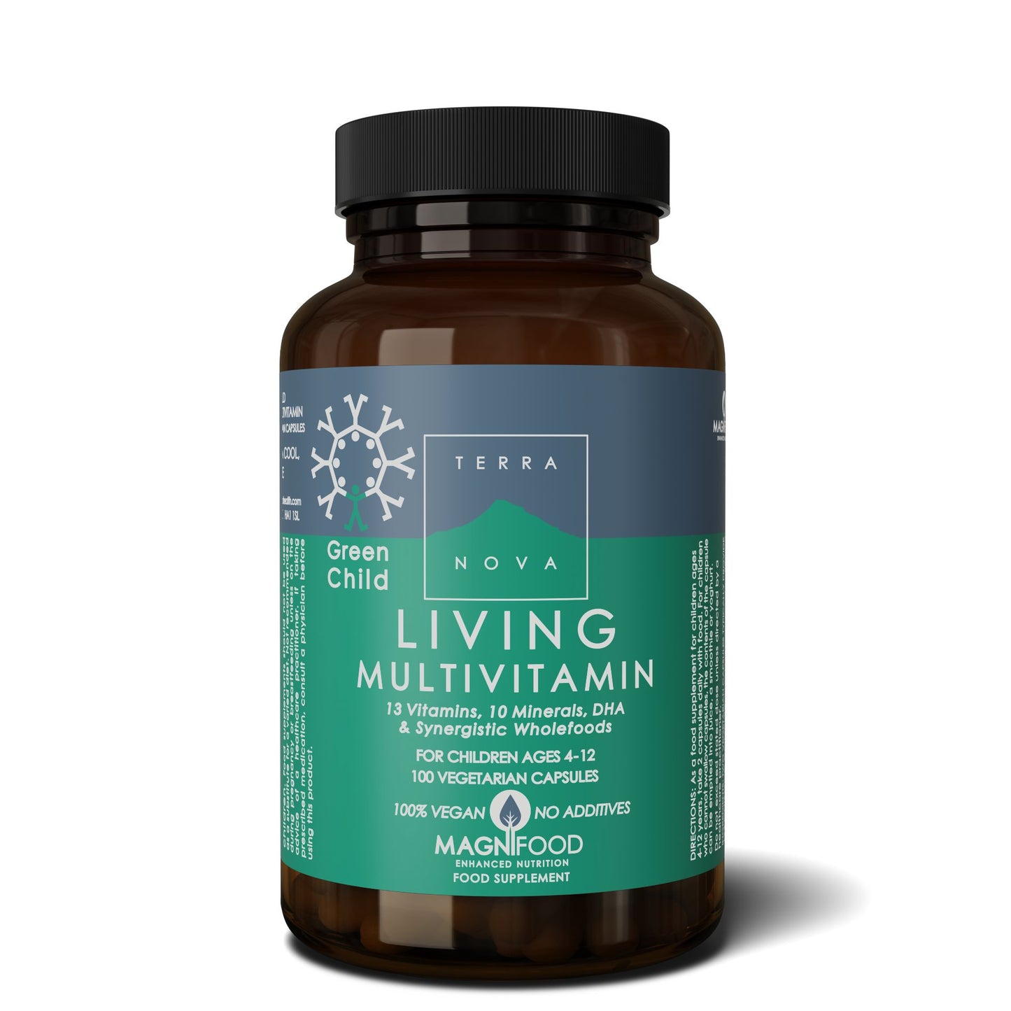 Terranova Green Child Living Multivitamin -pullo lapsille (4–12 v.), 100 kasvikapselia, 100 % vegaaninen, ei lisäaineita, sisältää vitamiineja, kivennäisaineita, DHA:ta ja täysravintoainesosia; ruskea mattapintainen lasipullo muovikorkilla, vihreä-oranssi etiketti