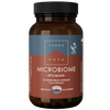 Terranova Microbiome Woman; ruskea pullo Terra Nova Microbiome Woman -kasviskapseleita, etiketissä brändäystä ja ravintolisätietoa, mukaan lukien 50 kapselia, 100 % vegaaniset ainesosat ja ei lisäaineita; pullo mattapinnalla ja musta kierrekorkki; etiketti pääosin vaaleanpunainen ja valkoinen modernilla tikkukirjasintekstillä; kuva tasaisella valkoisella taustalla ilman ihmisiä tai esineitä.