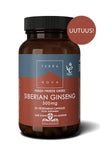 A brown bottle labeled TERRANOVA Fresh Freeze Dried Siberian Ginseng 500mg with 50 vegetarian capsules. The bottle has a matte finish and a cylindrical shape with a screw cap. Label uses bold, sans-serif typography and includes a red tag with “UUTUUS!” in Finnish. Product sits against a plain, light background in an upright front-facing shot. No people or hands are present.