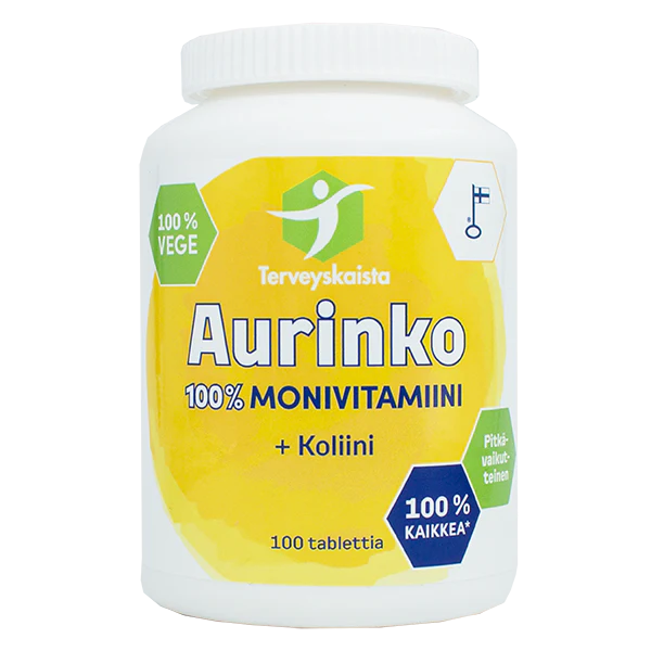 Terveyskaista Aurinko 100% Monivitamiini + Koliini; valkoinen muovipullo mattapinnalla, sylinterinmuotoinen, valkoisella korkilla; etiketissä lukee ”Aurinko 100% Monivitamiini + Koliini”; vihreitä ja sinisiä kuusikulmiokuvioita esittelee useita tuoteominaisuuksia suomeksi; tausta on kirkkaan keltainen aurinkokuviotausta; pullo sisältää 100 tablettia; ei ihmisiä tai käsiä näkyvissä, tuotekuva otettu suoraan edestä yksivärista taustaa vasten.