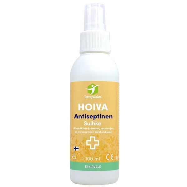 Terveyskaista HOIVA® Antiseptinen Suihke; valkoinen HOIVA Antiseptinen Suihke -pullo erottuu keltaista taustaa vasten lääketieteellisin symbolein, sisältää 100 ml antiseptista suihketta; pullo matta ja sylinterin muotoinen liipaisinmallisella suuttimella; suomenkielisessä etiketissä mustaa groteskia ja sinistä tekstiiä, listaten antiseptisiä ominaisuuksia; ei ihmisiä kuvassa, studiokuva.