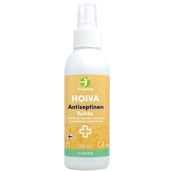 Terveyskaista HOIVA® Antiseptinen Suihke; valkoinen HOIVA Antiseptinen Suihke -pullo erottuu keltaista taustaa vasten lääketieteellisin symbolein, sisältää 100 ml antiseptista suihketta; pullo matta ja sylinterin muotoinen liipaisinmallisella suuttimella; suomenkielisessä etiketissä mustaa groteskia ja sinistä tekstiiä, listaten antiseptisiä ominaisuuksia; ei ihmisiä kuvassa, studiokuva.