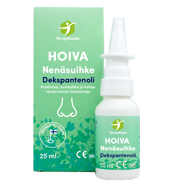 Terveyskaista HOIVA® Dekspantenoli Nenäsuihke; valkoinen HOIVA Nenäsumute Dekspantenoli -pullo vihreän ja valkoisen rasiansa edessä, molemmissa samankaltaista tekstiiä, nenäkuvitusta ja 25 ml tilavuusmerkintä; matta muovipullo ja kiiltopäällysteinen pahvirasia groteskikirjasimella; rasiassa lääketieteellinen symboli ja suomenkielistä tekstiiä; pääainesosana mainittu dekspantenoli; tuote tasaisella pinnalla, ei ihmisiä.