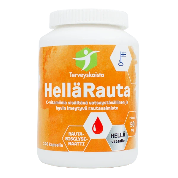 Terveyskaista HelläRauta 50 mg: valkoinen muovipullo mattapinnalla, tekstillä "HelläRauta" oranssein korostuksin, suomenkielinen teksti ja ikoneja; etiketissä selkeä groteskikirjasin ja tietoa 120 rautakapselista C-vitamiinin kanssa; pullo on sylinterimäinen; tausta on yksinkertainen, ei ihmisiä tai käsiä näkyvissä.