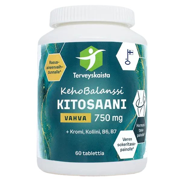 Terveyskaista KehoBalanssi Kitosaani Vahva 750 mg, valkoinen purkki turkoosilla etiketillä, 60 tablettia