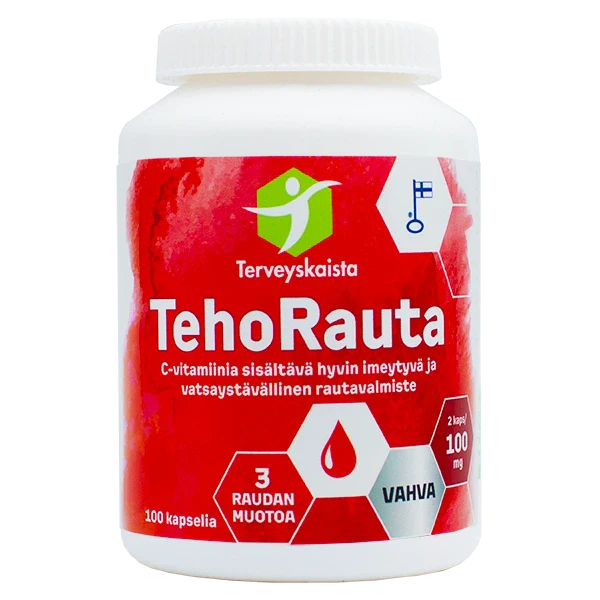 Terveyskaista TehoRauta 100 mg: valkoinen, sylinterimäinen muovipullo mattapinnalla, tekstillä "TehoRauta" punaisin korostuksin; etiketissä suomenkielistä tekstiä ja useita ikoneja; brändinimi on lihavoitua groteskikirjasinta; etiketissä mainitaan 100 rautakapselia C-vitamiinin kanssa normaalin energiatason tueksi; yksinkertainen tausta, ei ihmisiä tai käsiä näkyvissä.