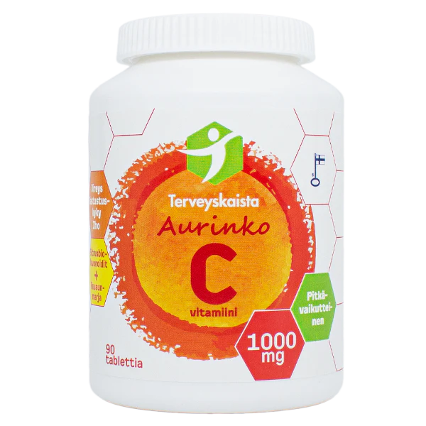 Terveyskaista Aurinko C 1000 mg; valkoinen pullo tekstillä "Terveyskaista Aurinko C vitamini", koristeltu eloisin oranssein ja keltaisin grafiikoin; lieriömäinen pullo valkoisella mattapinnalla ja kierrekorkilla; etiketin teksti lihavoitua groteskia eri kokoina; etuosassa luettavissa "1000 mg", "90 tabl" ja terveysaiheisia suomenkielisiä sanoja; neutraali, vailla piirteitä oleva tausta; ei ihmisiä tai käsiä; kuva suoraan edestä, tuote keskitettynä.