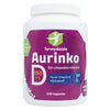 Aurinko D3-vitamiini, 150 kapselia; valkoinen, lieriömäinen muovipullo mattapinnalla ja kierrekannella; etiketissä violetit ja vihreät korostusraidat sekä suomenkielistä tekstiä groteskifontilla; ei ihmisiä tai käsiä; neutraali, tasaisesti valaistu tausta.
