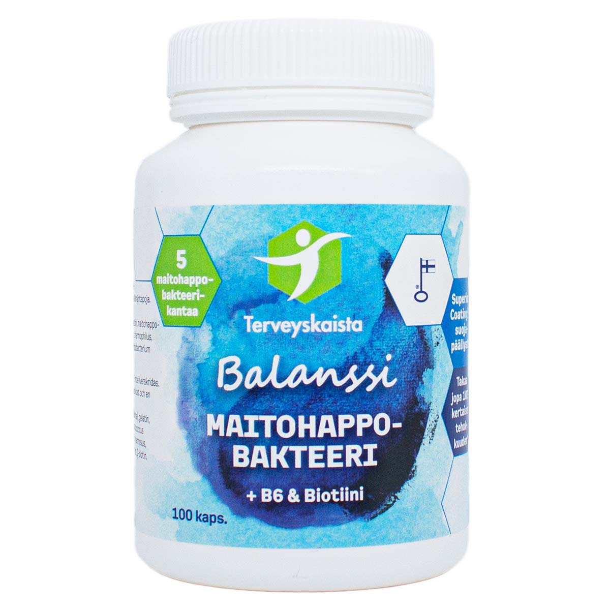 Balanssi Maitohappobakteeri + B6 & Biotini -pullo, valkoinen muovipullo sylinterimäisenä ja mattapintaisena, sinisin korostuksin; etiketissä teksti "Balanssi Maitohappobakteeri + B6 & Biotini" sekä lisää suomenkielistä tekstiä, pääosin tekstausvapaata ja selkeästi painettu; sisältää 100 kapselia; tausta yksinkertainen, ei ihmisiä tai käsiä näkyvissä.