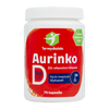 Terveyskaistan Aurinko D-vitamiini -pullo, punainen ja valkoinen designi, sisältää 75 kapselia D3-vitamiinia, 100 µg kutakin; teksti suomeksi ja ruotsiksi; pullo sylinterimäinen mattapinnalla ja punaisella korkilla; etiketissä numeroita sekä lohko- ja lihavoitua fonttia; neutraali tausta; ei ihmisiä tai käsiä näkyvissä.