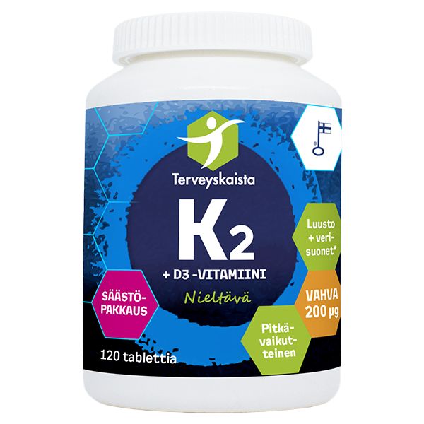 Terveyskaista Pitkävaikutteinen K2+D3, 120 tabletin säästöpakkauksen kuva