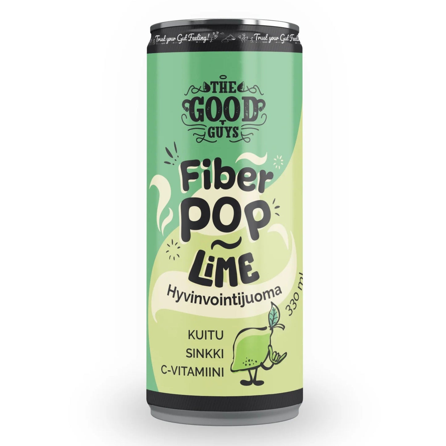 The Good Guys Fiber Pop Lime; vihreä ja musta tölkki tekstillä The Good Guys Fiber Pop Lime suomenkielisin merkinnöin ja eloisalla limettikuvituksella lehden kera; juoma korostaa kuitu-, sinkki- ja C-vitamiinipitoisuuttaan; tölkin koko 330 ml; tölkki tavanomainen sylinterin muoto mattapinnalla, lihavoitu groteskikirjasin pääteksissä, ei ihmisiä tai käsiä; valkoinen tausta tuotekuvassa.