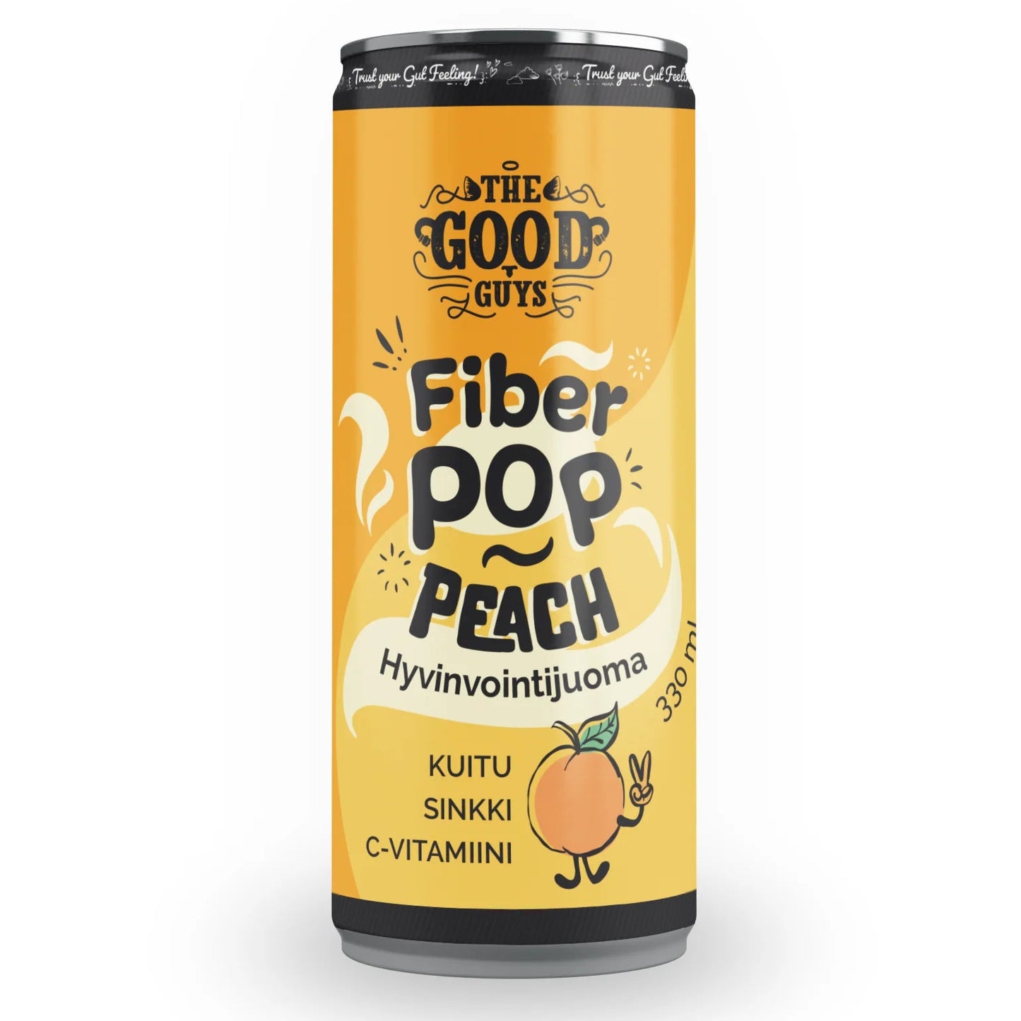 The Good Guys Fiber Pop Peach; keltainen mattapintainen sylinterin muotoinen tölkki tekstillä The Good Guys Fiber Pop Peach, kuvituksena persikka, korostaen kuitu-, sinkki- ja C-vitamiinipitoisuutta 330 millilitran annoksessa; lihavoitua groteskikirjasinta etupuolella; ei ihmisiä tai käsiä; tuote yksinään tasaista taustaa vasten studiokuvassa.