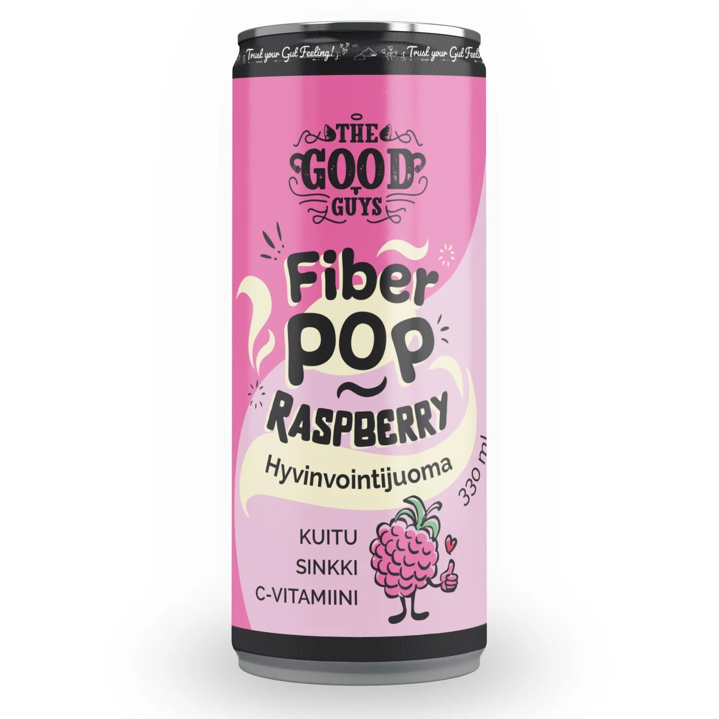 The Good Guys Fiber Pop Raspberry; vaaleanpunainen tölkki The Good Guys Fiber Pop Raspberry -juomaa, kuvituksena vadelmia ja teksti korostaa kuitua ja C-vitamiinia suomeksi; sylinterin muotoinen alumiinitölkki mattapinnalla; etupuolella lihavoitua groteskikirjasinta; sarjakuvamainen vadelmahahmo näkyvissä etiketissä; tausta tasainen, tuote yksinään studiokuvassa, ei ihmisiä tai käsiä.