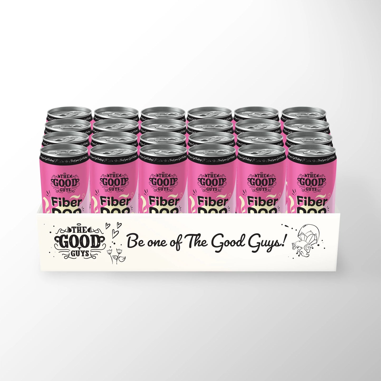 The Good Guys Fiber Pop Raspberry; tarjotin 24 vaaleanpunaista tölkkiä tekstillä Fiber Soda ja The Good Stuff -brändäyksellä; tölkit sylinterin muotoisia mattapinnalla, leikkisin kuvitettuin grafiikoin ja tyylitellyllä typografialla valkoisena ja tummanpunaisena; luettavassa etikettitekstissä ”Be one of The Good Guys!”; tölkit pakattuina pahviseen tarjottimeen tasaista taustaa vasten; ei ihmisiä tai käsiä, suoraviivainen tuotekuva.
