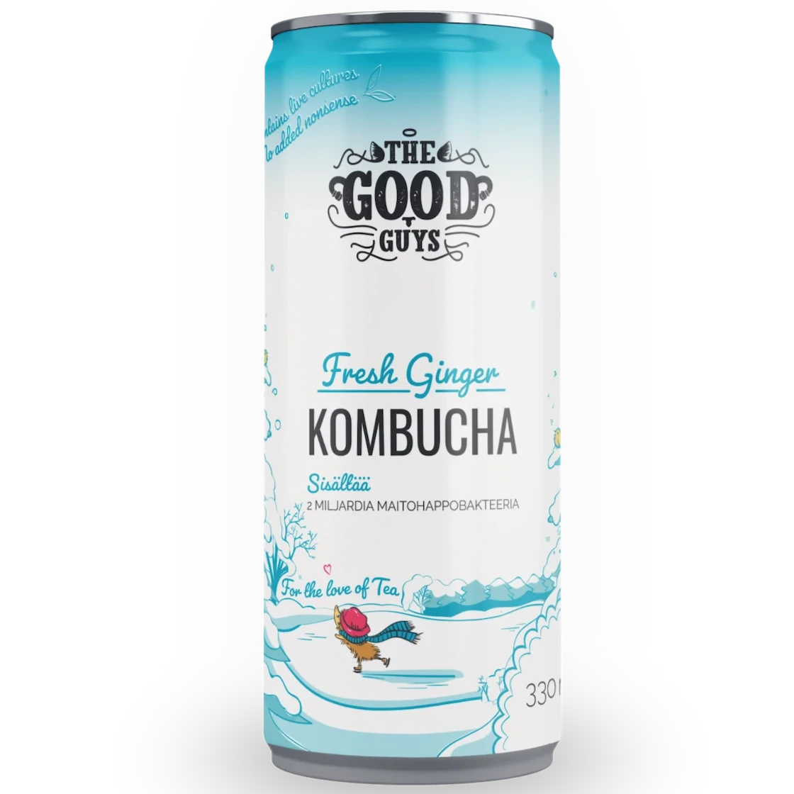 Tölkki The Good Guys Fresh Ginger Kombuchaa, jossa on eloisaa sinistä ja valkoista lumimaisemakuvitusta, hahmo pulkkamäessä, sekä yksityiskohtaista tuotetietoa englanniksi ja suomeksi etiketissä. Lieriömäinen alumiinitölkki, mattapinta. Etikettisuunnittelussa käytetään lihavoitua pääteviivatonta fonttia eri painoin. Tuotenimi näkyy näkyvästi. Kuva on otettu suoraan edestä pelkistettyä taustaa vasten, ilman näkyviä ihmisiä tai käsiä.