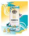 The Good Guys Luomu Kombucha Magical Mango; tölkki mattapintaisena viidakkoaiheisin kuvituksin, useita sarjakuvamaisia leopardeja; taustalla abstrakteja muotoja keltaisena, sinisenä ja valkoisena; lihavoitu groteskiteksti tuotenimessä ja mausta; lieriön muotoinen ja tavallisen kokoinen; ei ihmisiä tai käsiä, studiovalaistu tuotekuva.