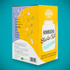 The Good Guys Kombucha Starter Kit; värikäs pakkaus, jossa ainesosaluettelo ja viehättäviä kuvituksia; etusivulla purkkikuvitus ja tuotenimi "Kombucha Starter Kit" eloisalla keltaisella taustalla turkoosilla sivupaneelilla; suorakulmainen ja mattapintainen pakkaus, lihavoitu groteskiteksti pääetiketissä; ei ihmisiä tai käsiä, neutraali tausta.