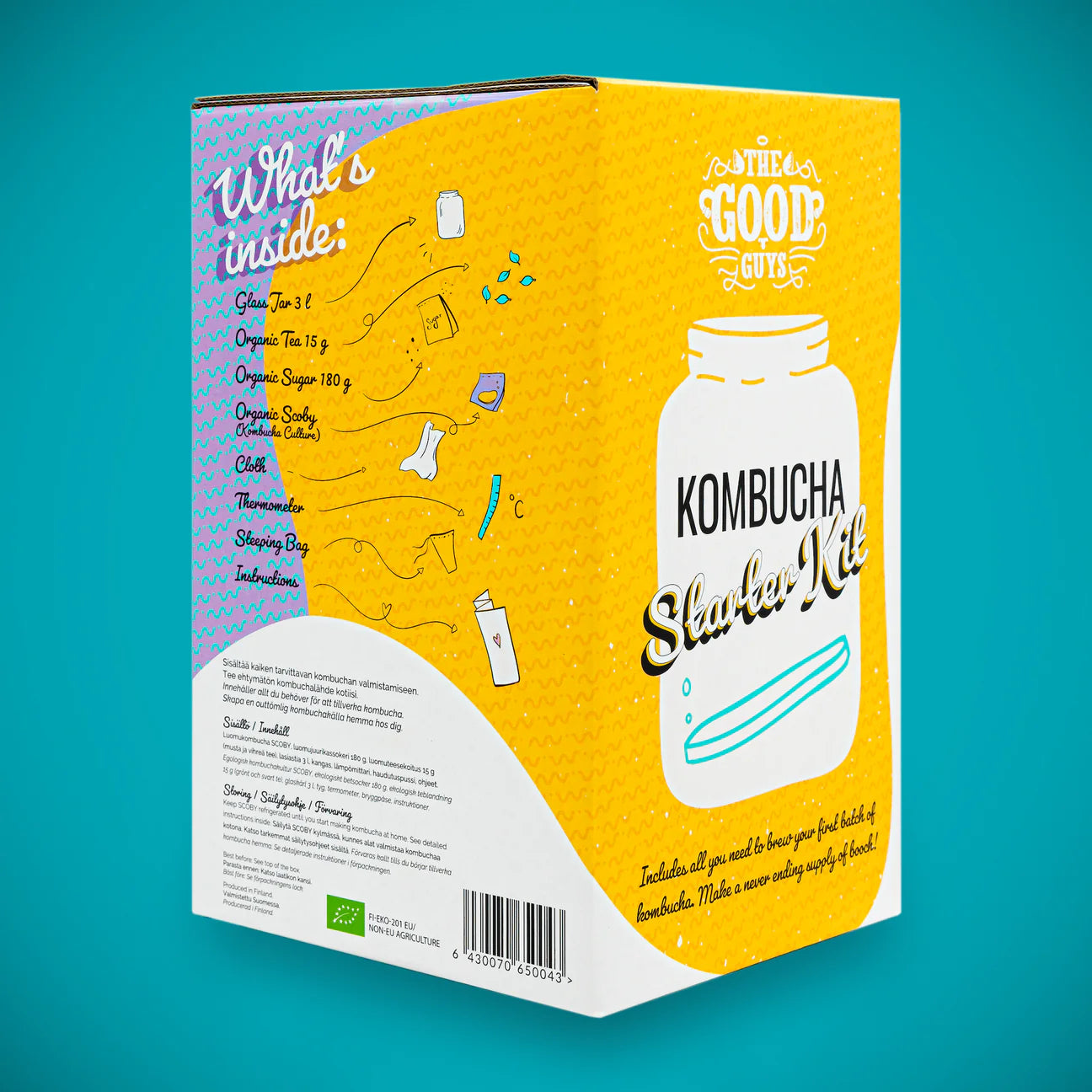 The Good Guys Kombucha Starter Kit; värikäs pakkaus, jossa ainesosaluettelo ja viehättäviä kuvituksia; etusivulla purkkikuvitus ja tuotenimi "Kombucha Starter Kit" eloisalla keltaisella taustalla turkoosilla sivupaneelilla; suorakulmainen ja mattapintainen pakkaus, lihavoitu groteskiteksti pääetiketissä; ei ihmisiä tai käsiä, neutraali tausta.