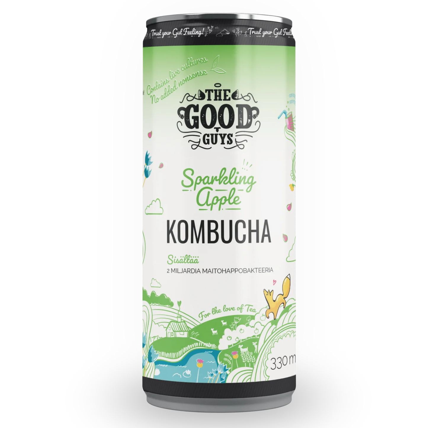 The Good Guys Luomu Kombucha Sparkling Apple; 330 millilitran tölkki The Good Guys Sparkling Apple Kombuchaa, koristeltu leikkisin vihrein ja sinisin kuvituksin puineen, lintuineen ja ketun kera; sylinterin muotoinen metallitölkki mattapinnalla; etiketissä selkeää groteskitypografiaa; ”2 MILJARDIA MAITOHAPPOBAKTEERIA” korostettuna; ei ihmisiä tai käsiä; tausta tasainen, studiotuotekuvakulma.