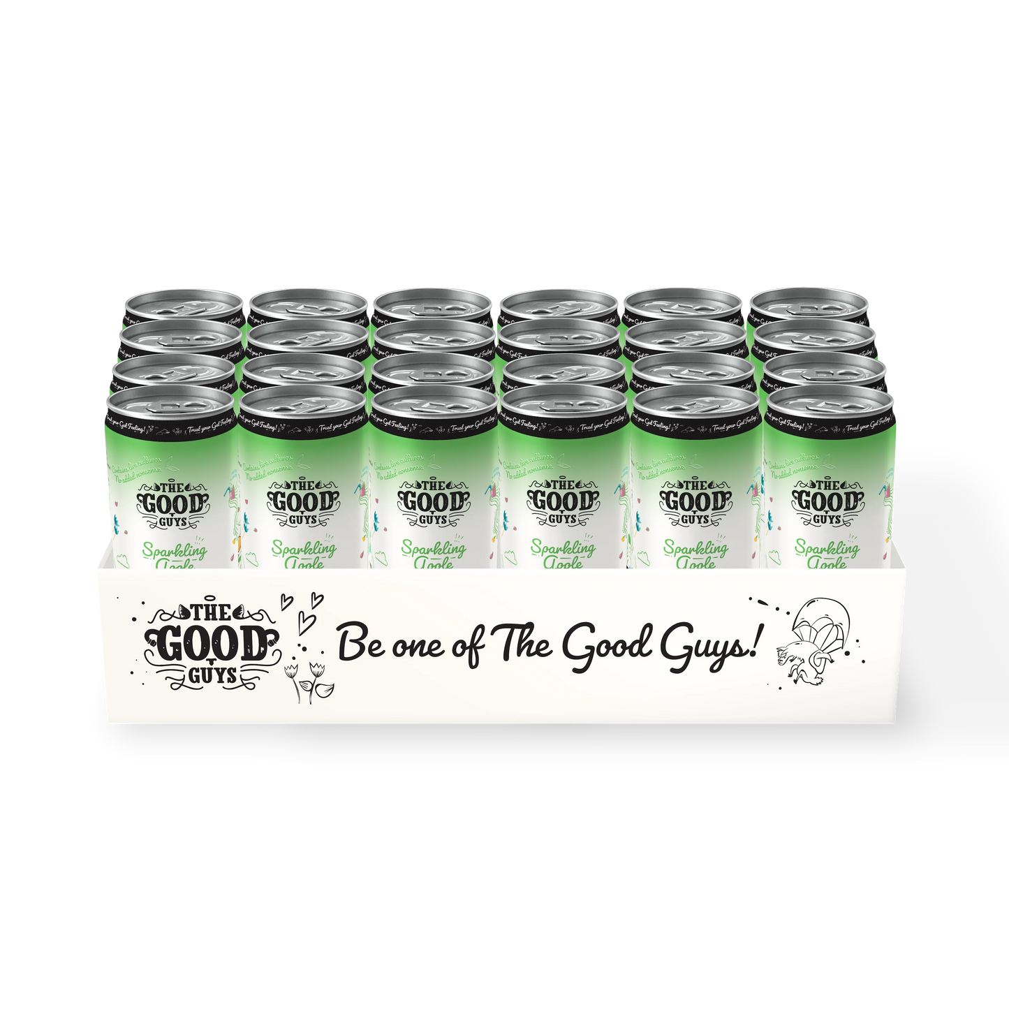 The Good Guys Luomu Kombucha Sparkling Apple; laatikko 24 vihreää ja valkoista tölkkiä nimellä Three Good Guys sparkling water, esillä valkoisessa pahvisessa tarjottimessa mustin kuvituksin ja tekstillä: Be one of The Good Guys! Refresh your day with crisp, sparkling water from Three Good Guys; tölkit sylinterin muotoisia mattapinnalla, aseteltuna pystyriveihin; lihavoitu musta groteskiteksti sekä tölkeissä että tarjottimessa; valkoinen tausta, ei ihmisiä tai käsiä.