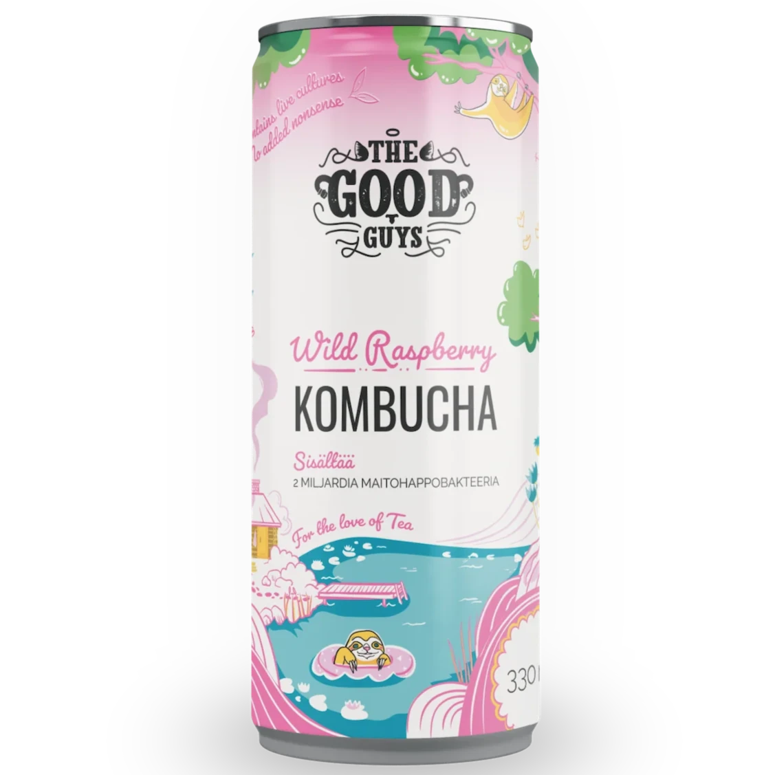 The Good Guys Luomu Kombucha Wild Raspberry, tölkki värikkäällä ja leikkisällä kuvituksella järven rannasta puineen, talon ja uivan henkilön kanssa; 330 ml kombucha koristeltu eloisin vaaleanpunaisin ja sinisin sävyin; metallitölkki kiiltäväpintainen ja sylinterimäinen; hallitsevat värit pinkki ja sininen; etikettiteksti lihavoidulla groteskifontilla; ei ihmisiä eikä käsiä näkyvissä valkoisella taustalla, kuva suoraviivainen tuotekuva edestä silmän korkeudelta.