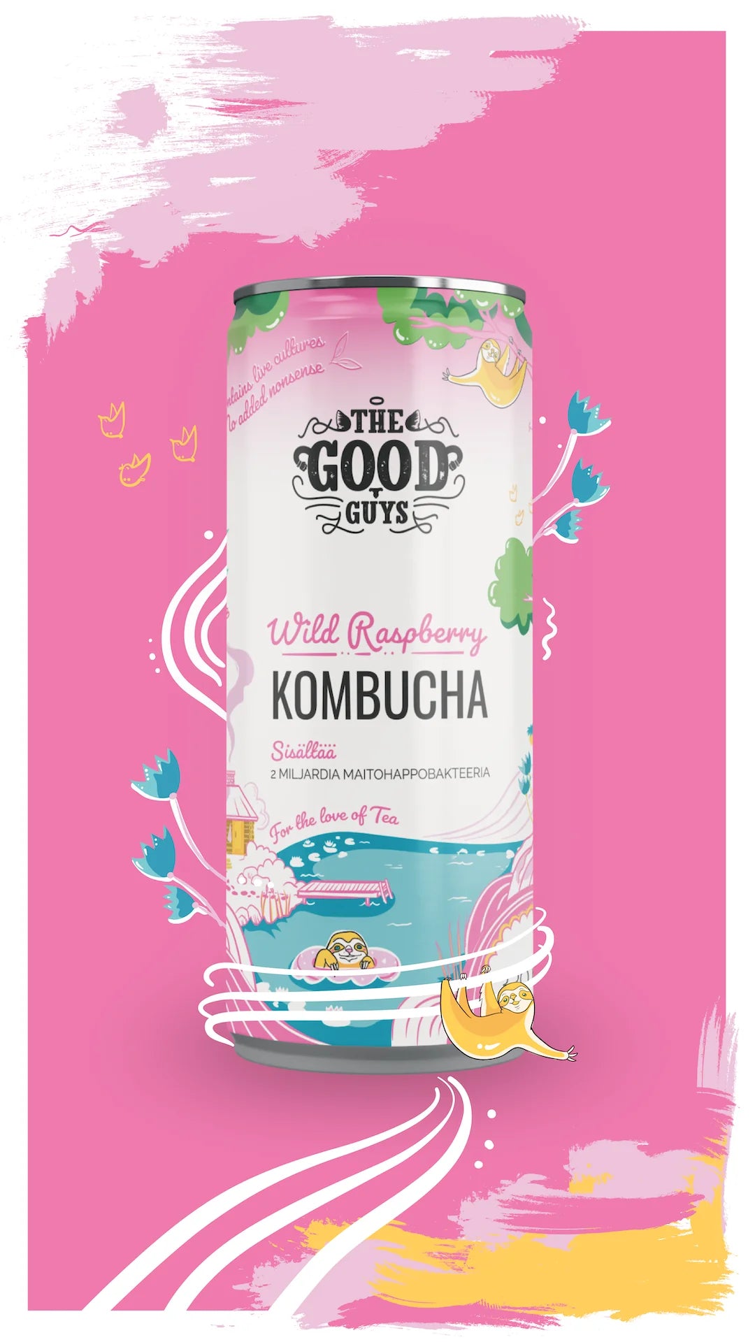 The Good Guys Luomu Kombucha Wild Raspberry; tölkki keskitettynä vaaleanpunaiselle taustalle värikkäin graafisin kuvituksin, kiemuraisin muodoin ja leijuvan teekupin kanssa; sylinterimäinen alumiinitölkki mattapinnalla, tyylitelty monivärinen etikettitaide kuvaa ulkoilmakohtausta yhdessä selkeän brändäyksen ja kombucha-tietojen kanssa; ei ihmisiä eikä käsiä näkyvissä.
