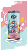 The Good Guys Natural Energy Drink Lemon Vice & Ginger; tölkki luonnollista energiajuomaa, kuvassa palmuja, flamingoja ja retrotyylinen tausta pastellinvärisin keltaisin, pinkein ja sinisin abstraktein muodoin, virkistävää energiaa varten; tölkki on sylinterinmuotoinen mattapinnalla; tuotenimi lihavoidulla groteskikirjasimella; taustaelementteinä graafisia palmuja ja flamingoja; ei ihmisiä tai toimintaa näkyvissä.