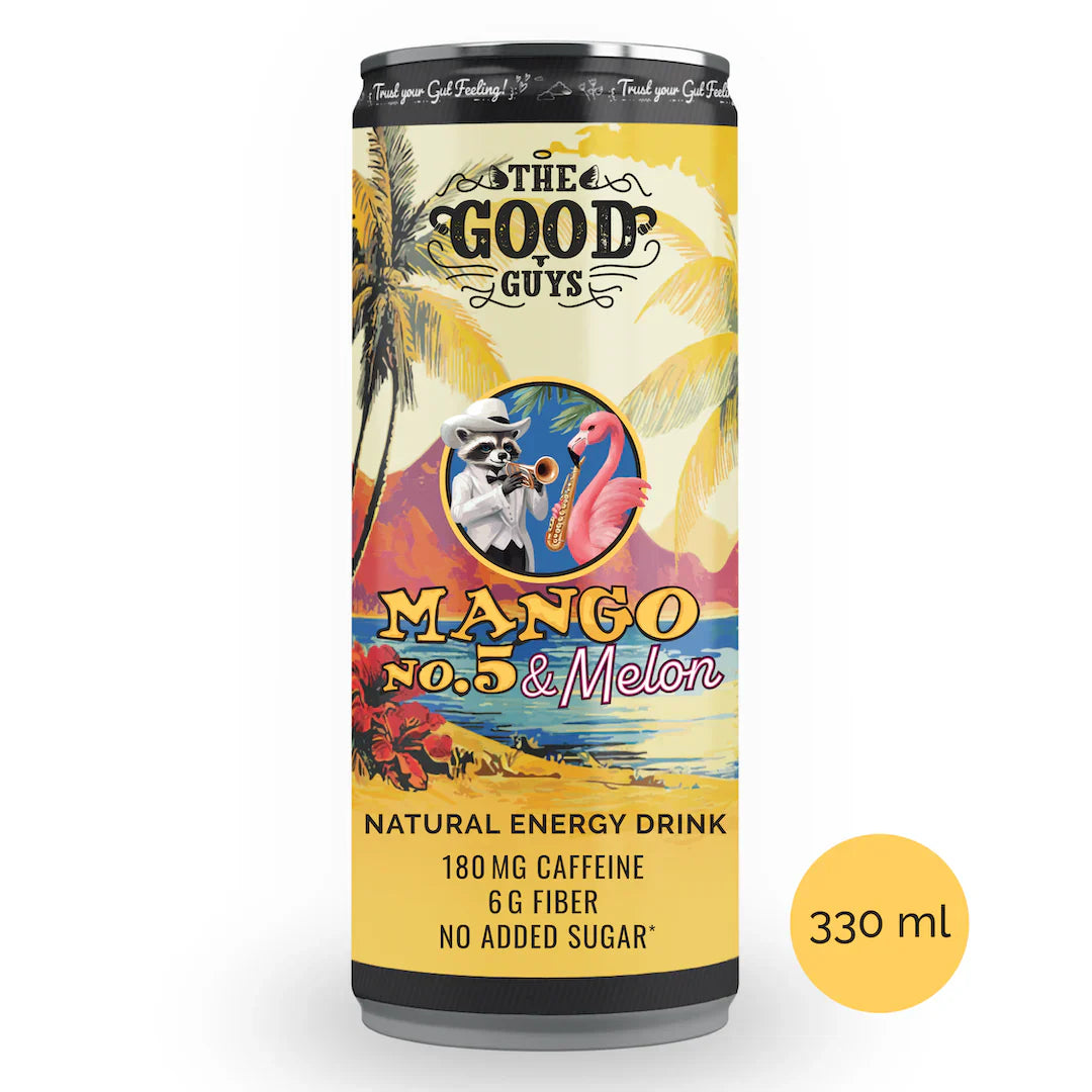 330 ml:n The Good Guys Mango No. 5 & Melon -luonnollinen energiajuomatölkki, jossa on eloisa trooppinen rantamaisema lintuineen, palmuineen ja energisoivine tuotetietoineen etiketissä. Tölkki on lieriömäinen, kiiltäväpintainen ja monivärisesti kuvitettu. Etiketissä on isokokoista lihavoitua tekstiä sekä pienempää tekstiä. Ihmisiä tai käsiä ei näy. Tausta on neutraali; kuva on tavanomainen tuotekuva.