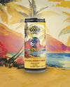 The Good Guys Natural Energy Drink Mango no.5 & Melon; tölkki The Good Guys Mango No. 5 & Melon -luonnollista energiajuomaa näytetään trooppisen rantamaiseman ja palmujen kuvituksin taustalla; sylinterin muotoisessa tölkissä metallinen pinta ja lihavoitua groteskitypografiaa brändille ja maulle; etiketissä mainitaan kofeiini, kuitu ja ei lisättyä sokeria; ei ihmisiä tai käsiä kuvassa.