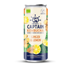 The Gutsy Captain Luomu Kombucha Ginger-Lemon; tölkki Captain Kombucha -juomaa inkiväärin ja sitruunan maussa, kuvituksena sitruunaviipaleita ja inkivääriä vihreine lehtineen; tölkki lieriömäinen mattapinnalla; etiketissä lihavoitua tikkukirjasinta brändille ja tuotenimelle; tekstissä mainittu luomu ja luonnollisesti käytetty kombucha; tausta tasainen valkoinen, ei ihmisiä tai käsiä; suoraviivainen tuotekuva.