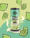 The Good Guys Fiber Pop Lime; tölkki Fiber Pop Lime -juomaa The Good Guys -merkiltä pystyssä, sylinterin muotoinen mattapinnalla; etiketissä lihavoitua groteskikirjasinta; tölkin ympärillä kuvitettuja kokonaisia limettejä ja limettiviipaleita tasaisella vihreällä taustalla; koristeelliset valkoiset kiemurat myös näkyvissä tölkin ympärillä; ei ihmisiä tai toimintaa kuvassa.