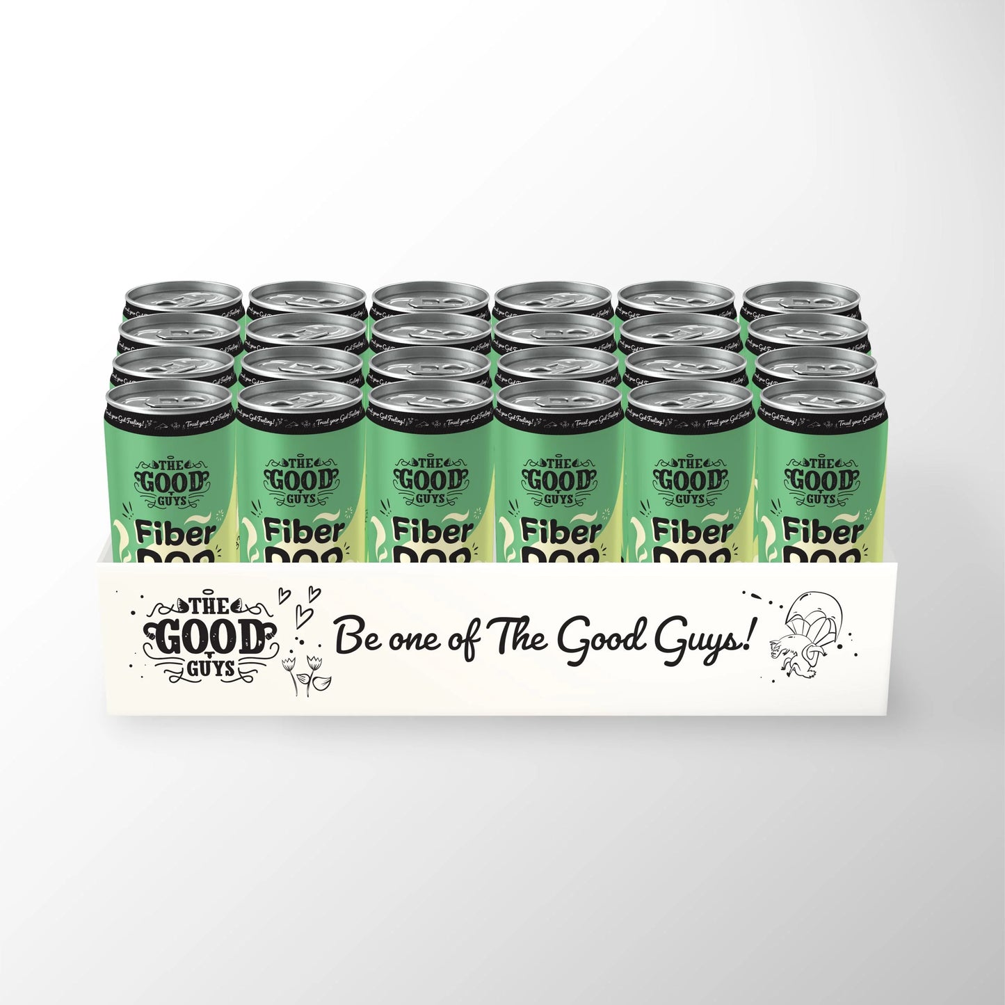 The Good Guys Fiber Pop Lime; tarjotin vihreitä ja mustia sylinterin muotoisia tölkkejä mattapinnalla, merkitty Fiber Pop by The Good Guys; lihavoitu groteskikirjasin tölkkien etiketeissä ja painetussa kyltissä, jossa lukee Be one of The Good Guys!; leikkisiä sarjakuvakuvituksia tarjottimen etureunassa; tausta neutraali, ei ihmisiä tai käsiä; laajakulmainen tuotekuva.