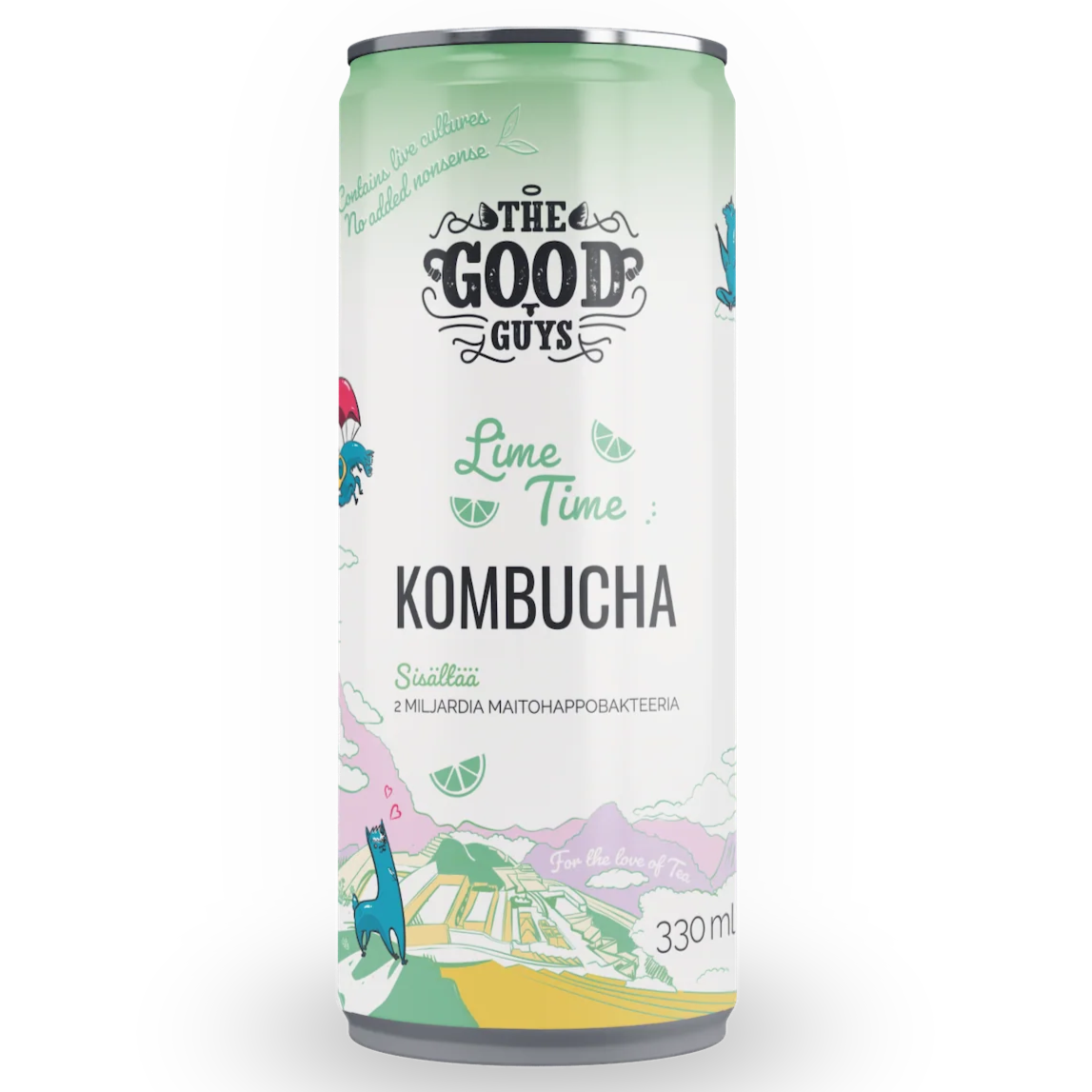 The Good Guys Luomu Kombucha Lime Time; 330 ml:n tölkki eloisin kuvituksin vuorista, joesta ja leikkisistä sinisistä olennoista; lieriön muotoinen alumiinitölkki mattapinnalla; etiketissä limeviipalekuvitus ja luku 2 miljardia probioottia lihavoidulla groteskifontilla; valkoinen tausta, ei ihmisiä tai käsiä, studiokuva.