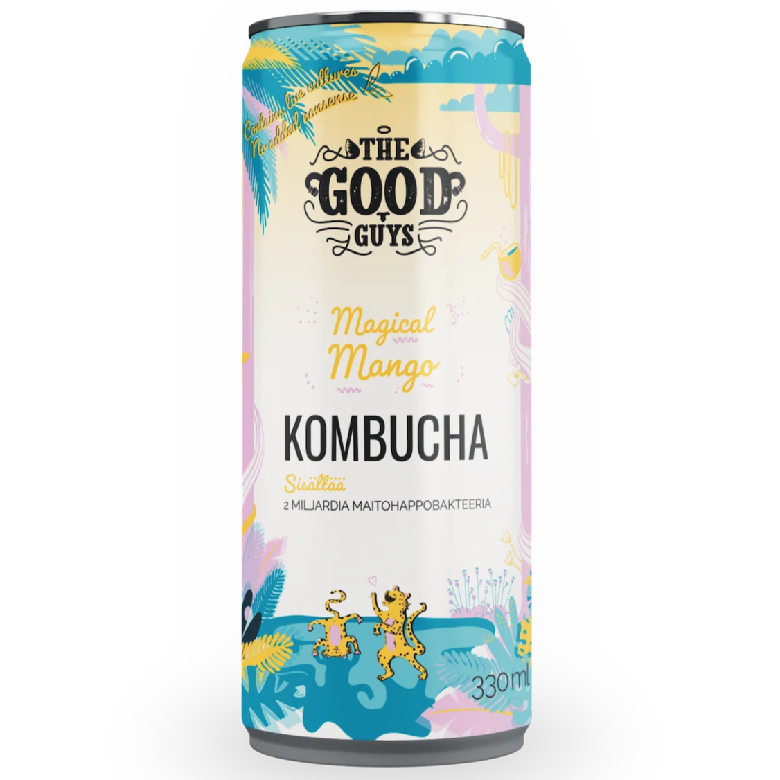 The Good Guys Luomu Kombucha Magical Mango; 330 ml:n alumiinitölkki pystyssä; lieriön muotoinen ja mattapintainen, värikkäitä tyyliteltyjä trooppisia kasvikuvituksia sekä sarjakuvamaisia gepardeja vaaleanpastellisella taustalla; lihavoitu versaaligroteski tuotenimessä; ei ihmisiä tai käsiä, studiovalaistus.